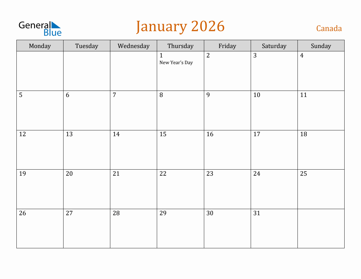 Free January 2026 Canada Calendar