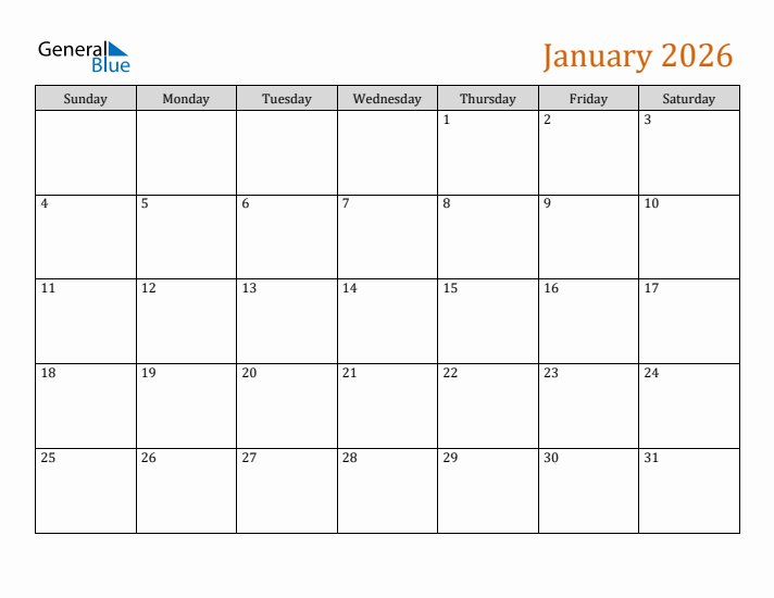 Editable January 2026 Calendar