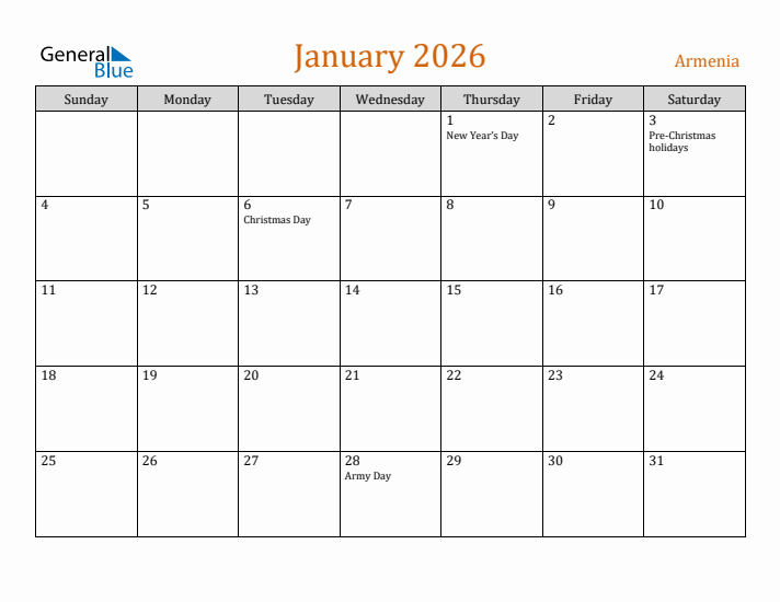 January 2026 Holiday Calendar with Sunday Start