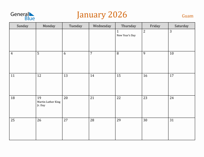 January 2026 Holiday Calendar with Sunday Start