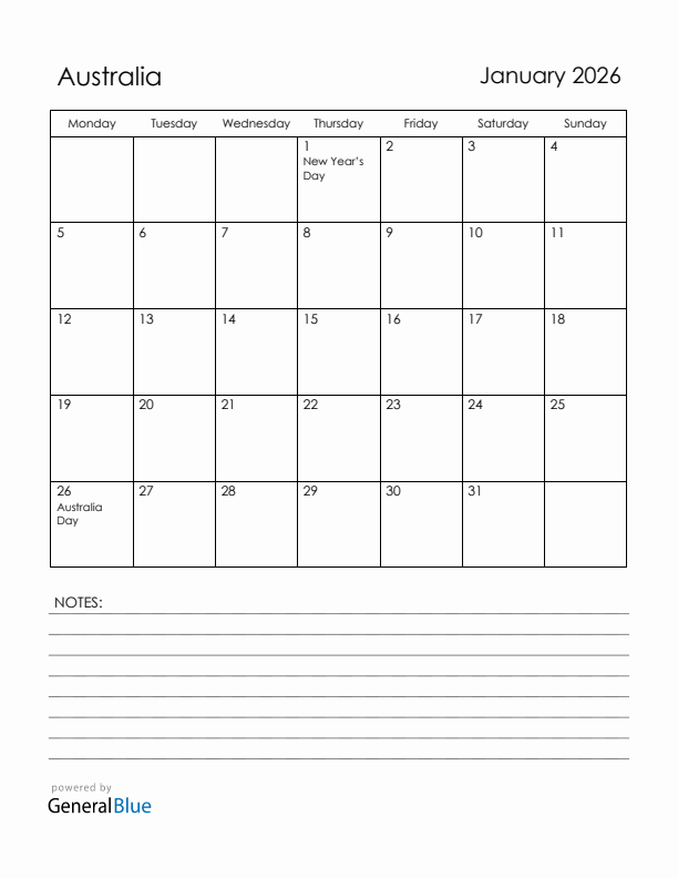 January 2026 Australia Calendar with Holidays (Monday Start)