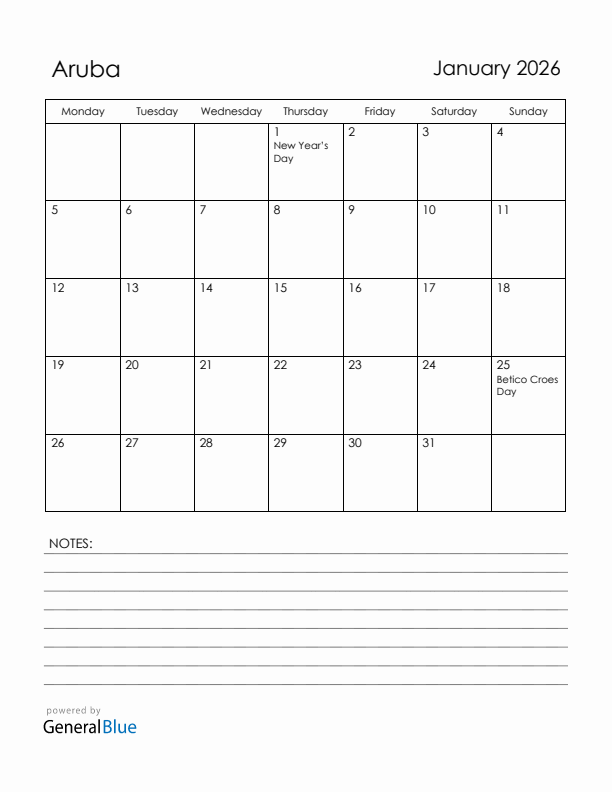 January 2026 Aruba Calendar with Holidays (Monday Start)