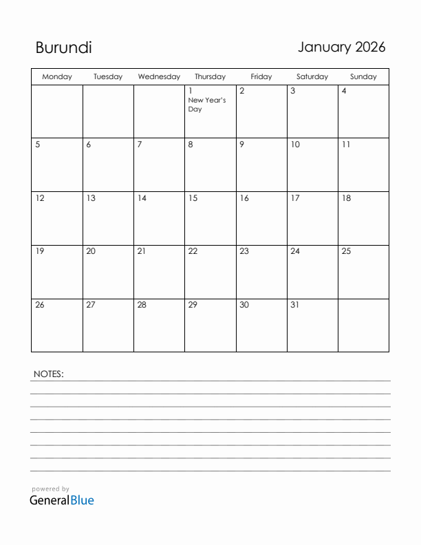 January 2026 Burundi Calendar with Holidays (Monday Start)