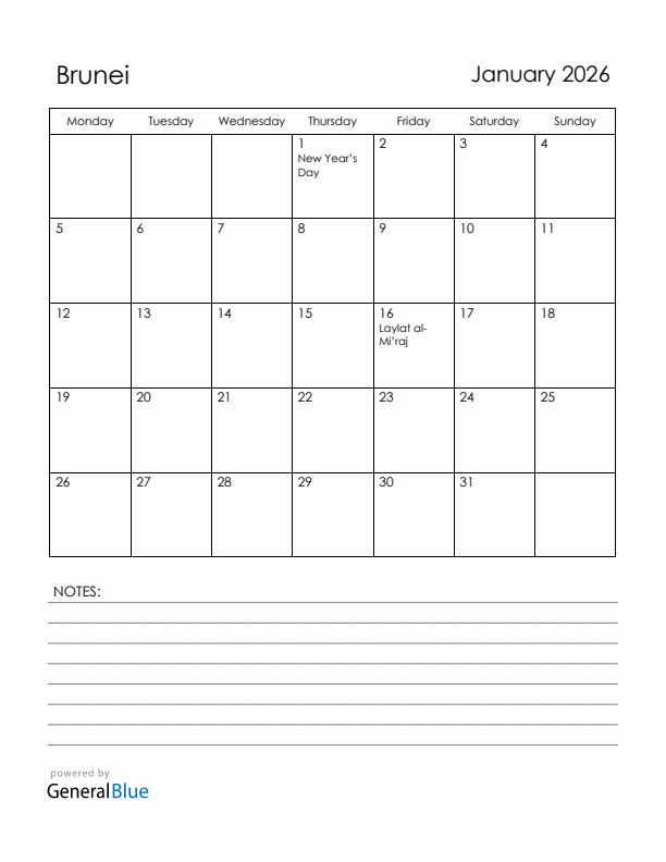 January 2026 Brunei Calendar with Holidays (Monday Start)