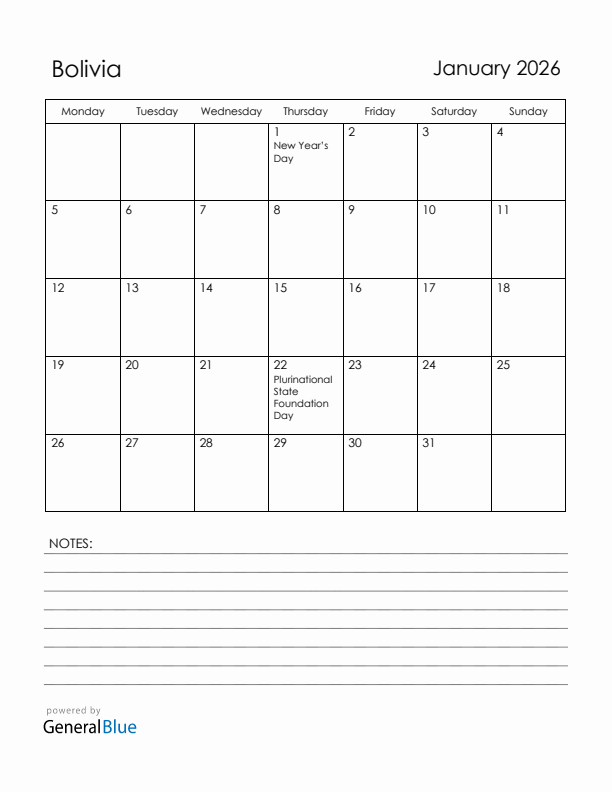 January 2026 Bolivia Calendar with Holidays (Monday Start)