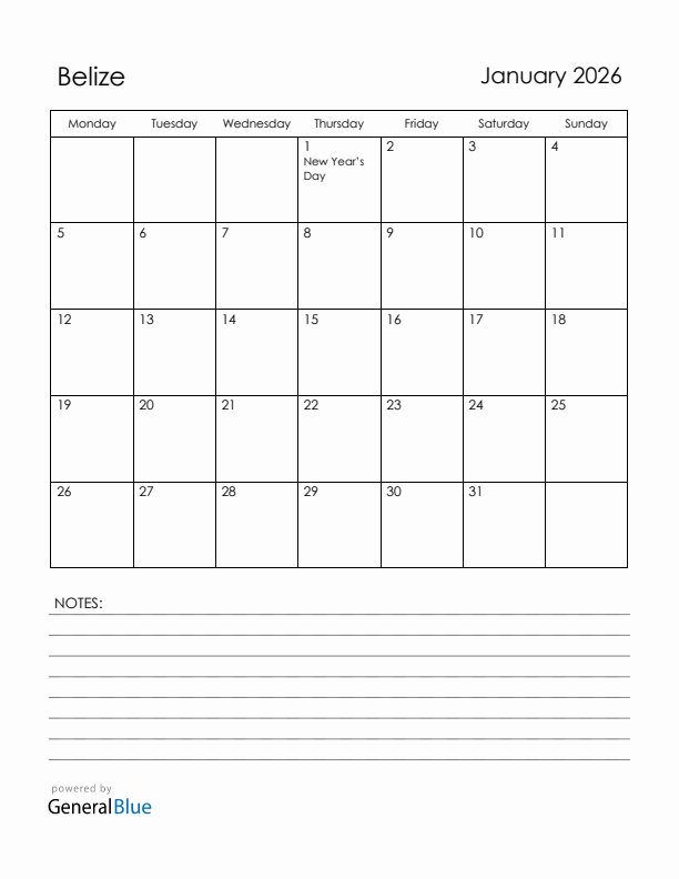 January 2026 Belize Calendar with Holidays (Monday Start)