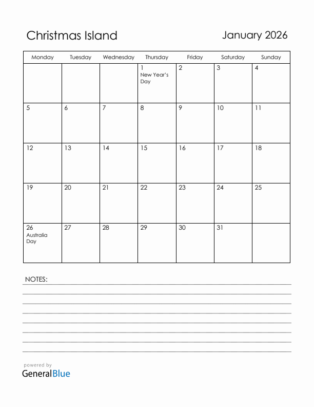 January 2026 Christmas Island Calendar with Holidays (Monday Start)