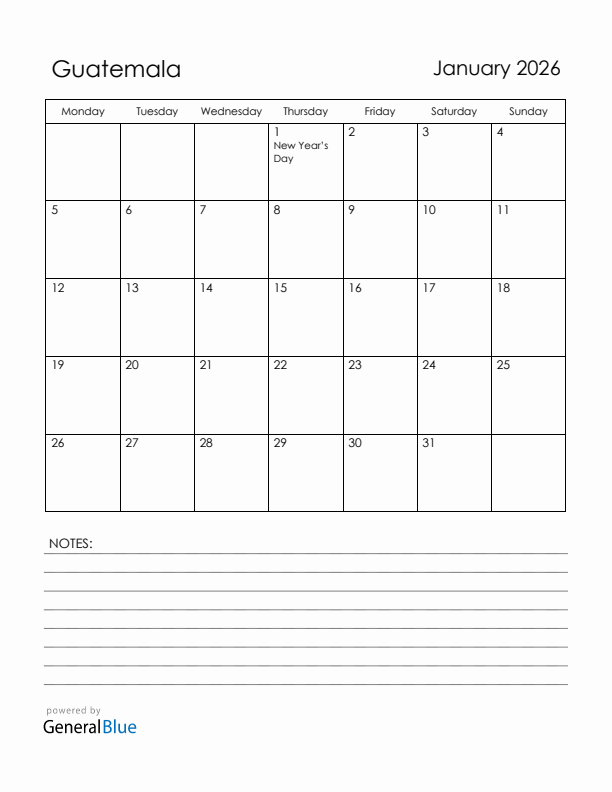 January 2026 Guatemala Calendar with Holidays (Monday Start)