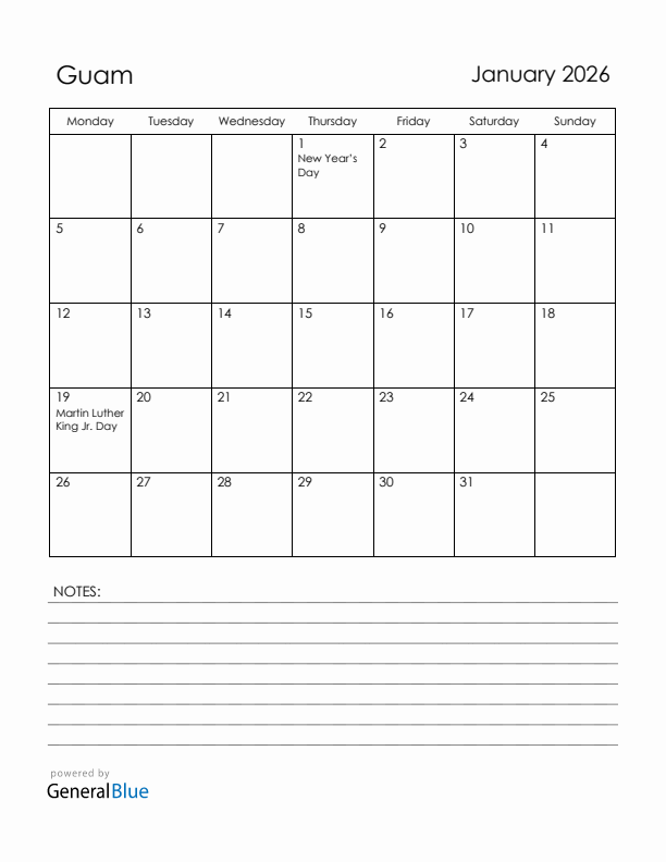 January 2026 Guam Calendar with Holidays (Monday Start)
