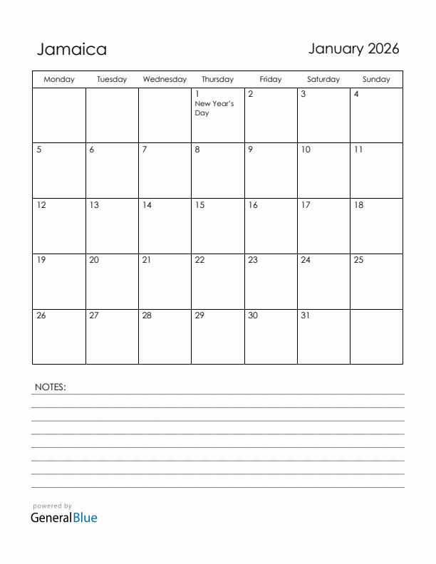 January 2026 Jamaica Calendar with Holidays (Monday Start)