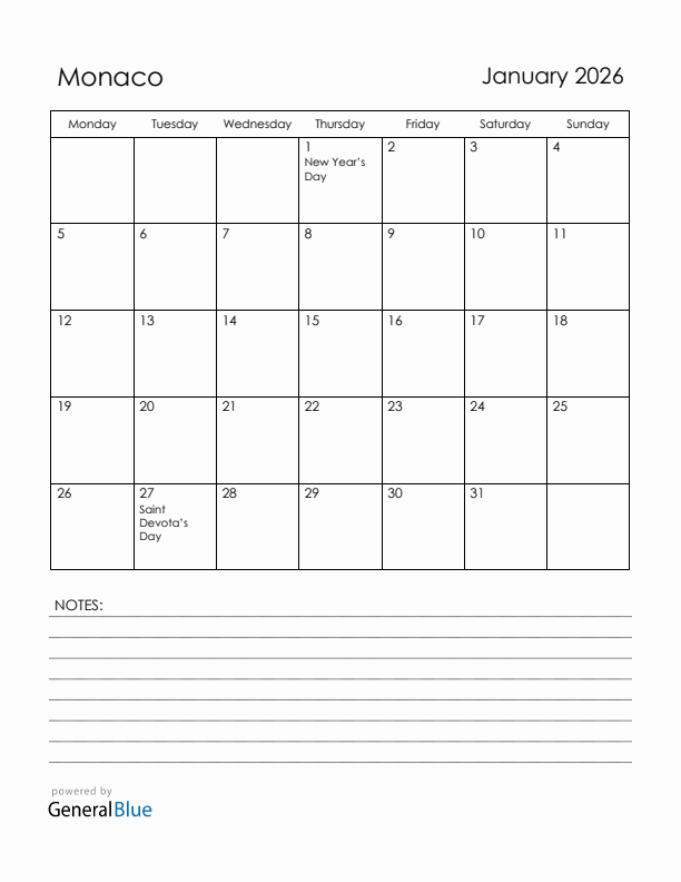 January 2026 Monaco Calendar with Holidays (Monday Start)