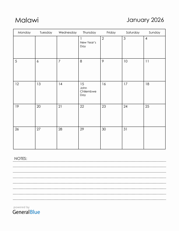 January 2026 Malawi Calendar with Holidays (Monday Start)
