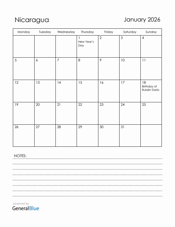 January 2026 Nicaragua Calendar with Holidays (Monday Start)