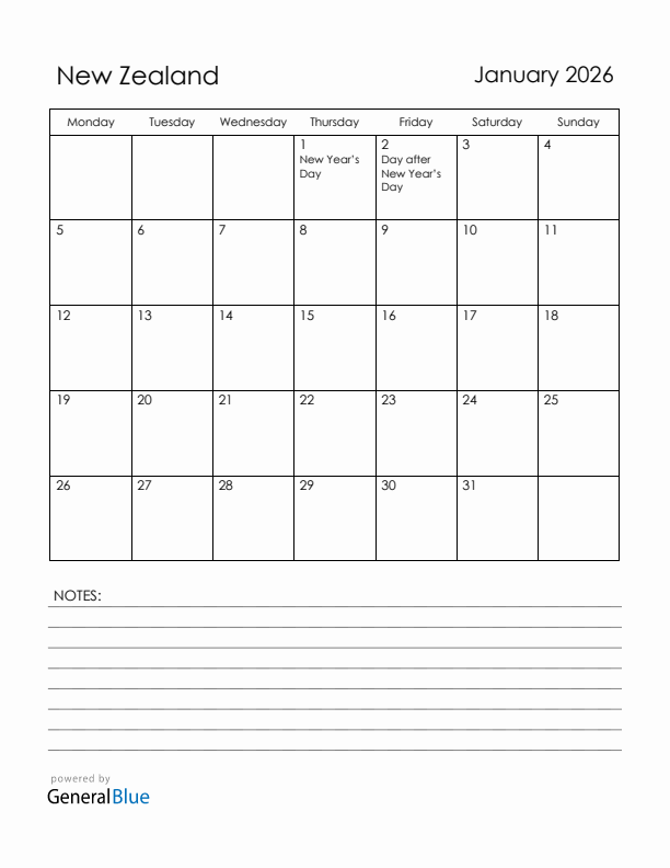 January 2026 New Zealand Calendar with Holidays (Monday Start)