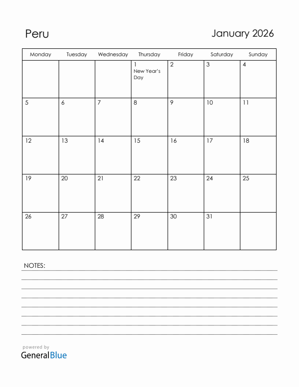 January 2026 Peru Calendar with Holidays (Monday Start)