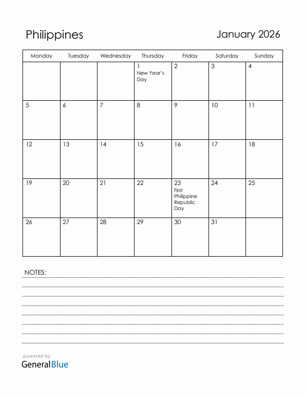 January 2026 Philippines Calendar with Holidays (Monday Start)