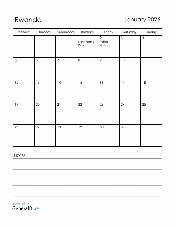 January 2026 Rwanda Calendar with Holidays (Monday Start)