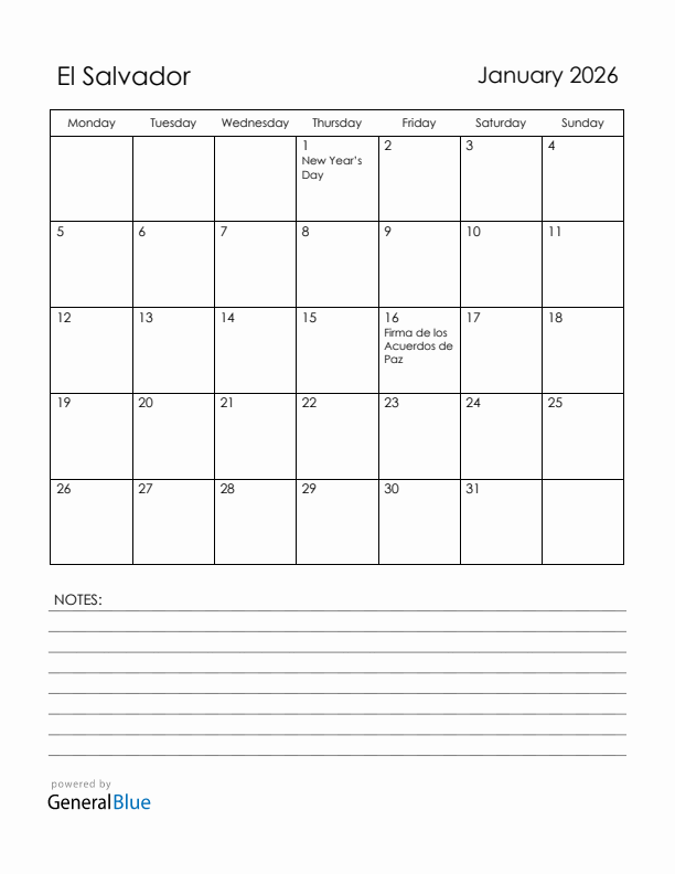 January 2026 El Salvador Calendar with Holidays (Monday Start)