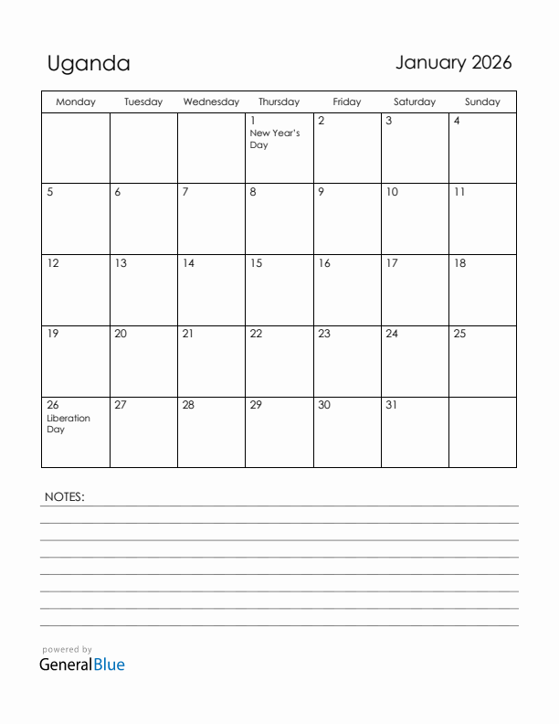 January 2026 Uganda Calendar with Holidays (Monday Start)