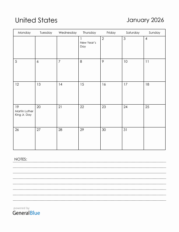 January 2026 United States Calendar with Holidays (Monday Start)