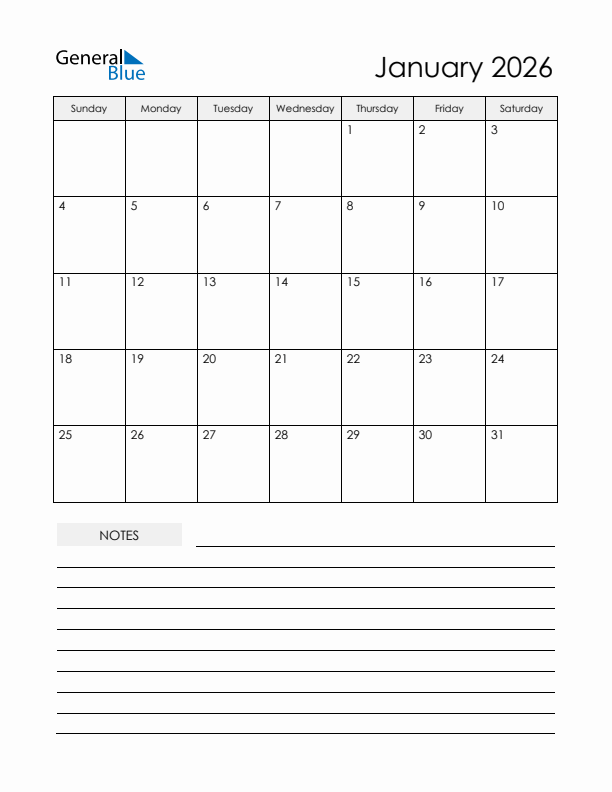 Printable Calendar with Notes - January 2026 