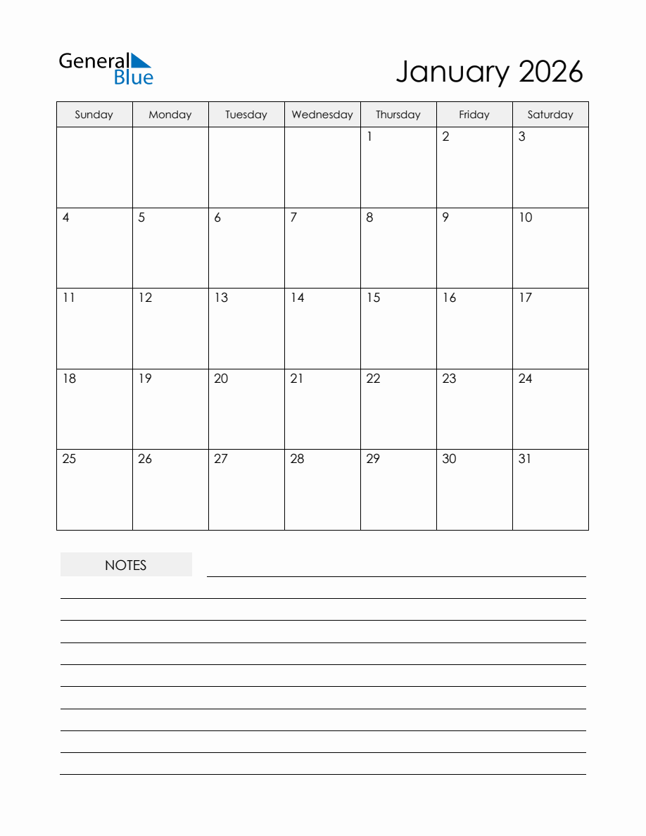 January 2026 Monthly Planner Calendar