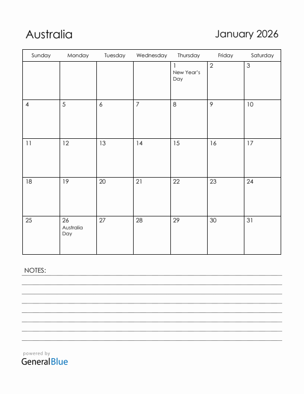 January 2026 Australia Calendar with Holidays (Sunday Start)