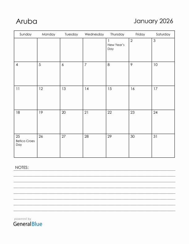 January 2026 Aruba Calendar with Holidays (Sunday Start)