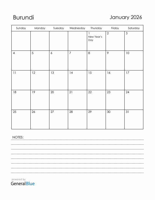 January 2026 Burundi Calendar with Holidays (Sunday Start)