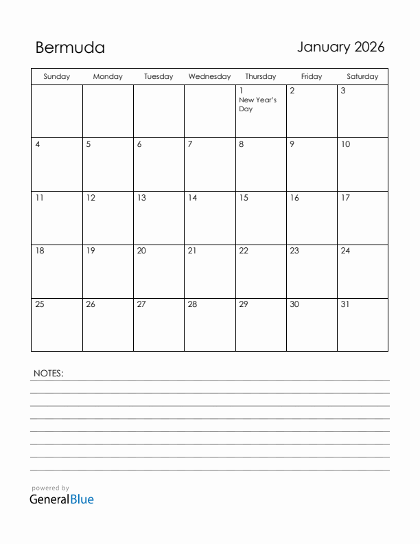 January 2026 Bermuda Calendar with Holidays (Sunday Start)