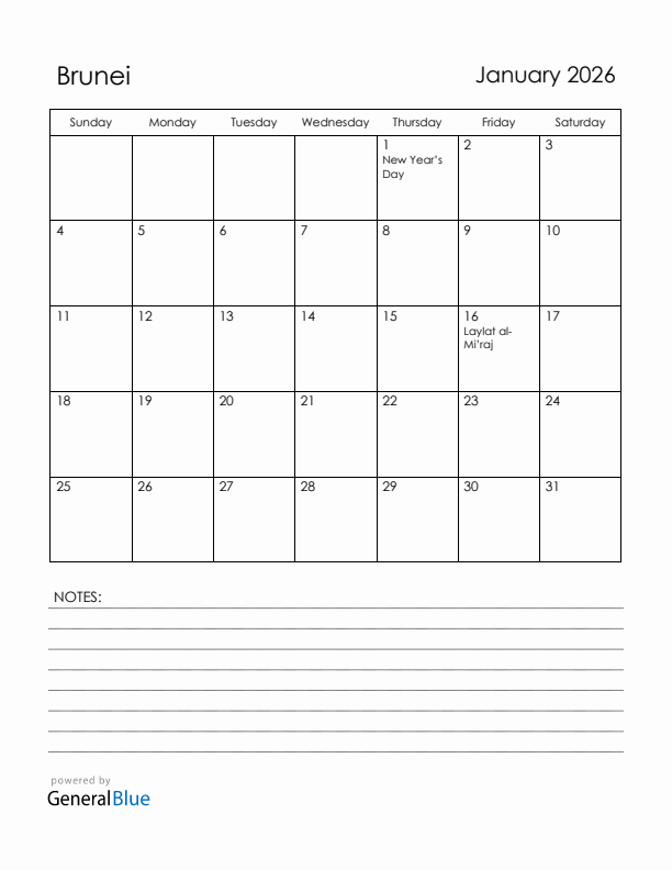 January 2026 Brunei Calendar with Holidays (Sunday Start)