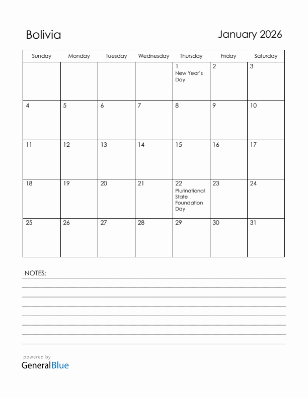 January 2026 Bolivia Calendar with Holidays (Sunday Start)