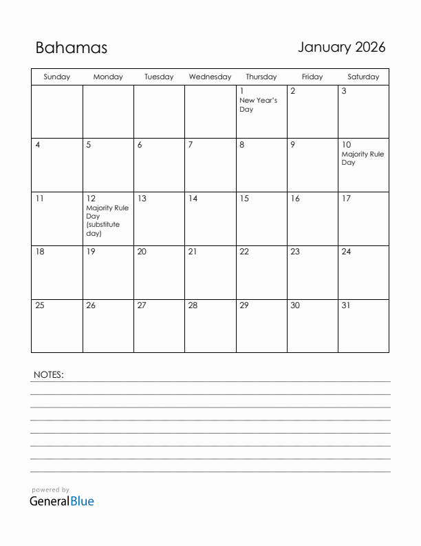 January 2026 Bahamas Calendar with Holidays (Sunday Start)