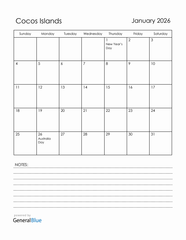 January 2026 Cocos Islands Calendar with Holidays (Sunday Start)