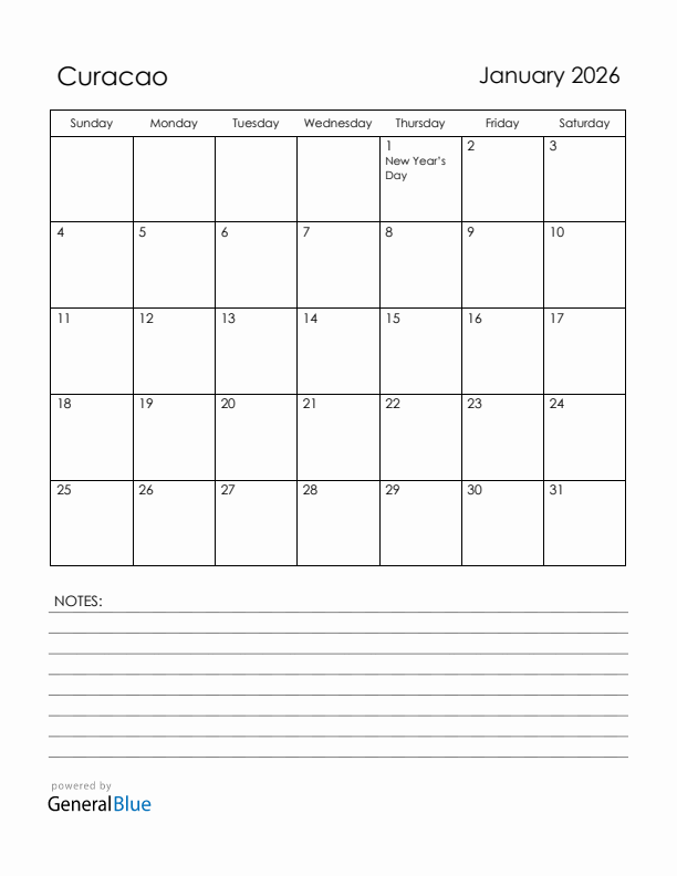 January 2026 Curacao Calendar with Holidays (Sunday Start)