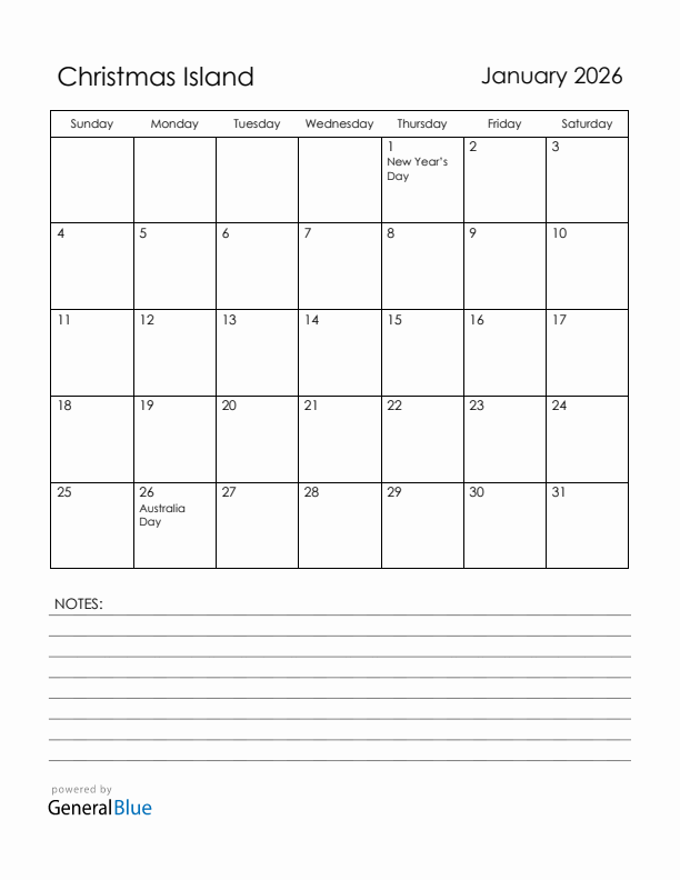 January 2026 Christmas Island Calendar with Holidays (Sunday Start)