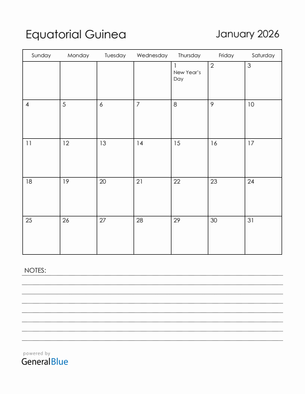 January 2026 Equatorial Guinea Calendar with Holidays (Sunday Start)