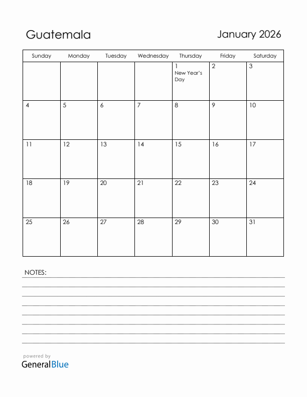 January 2026 Guatemala Calendar with Holidays (Sunday Start)