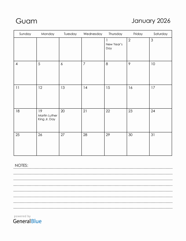 January 2026 Guam Calendar with Holidays (Sunday Start)
