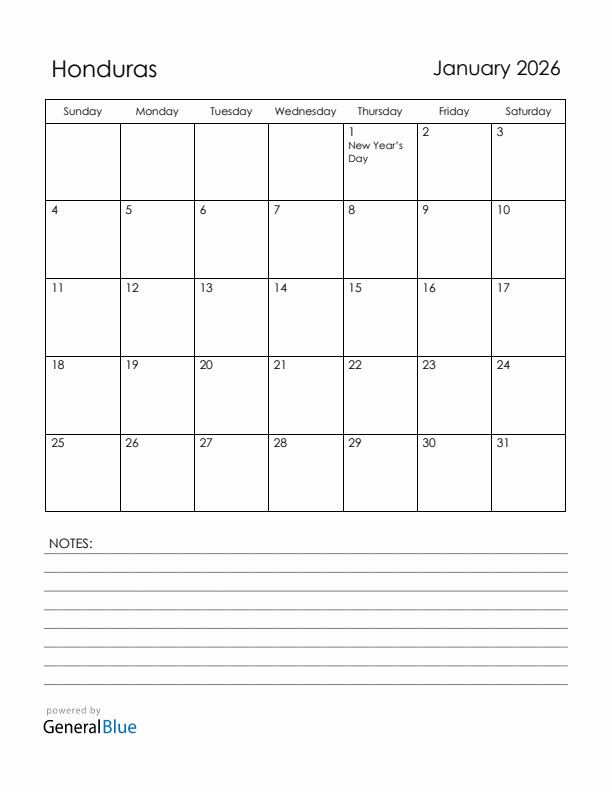 January 2026 Honduras Calendar with Holidays (Sunday Start)