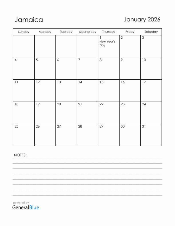 January 2026 Jamaica Calendar with Holidays (Sunday Start)