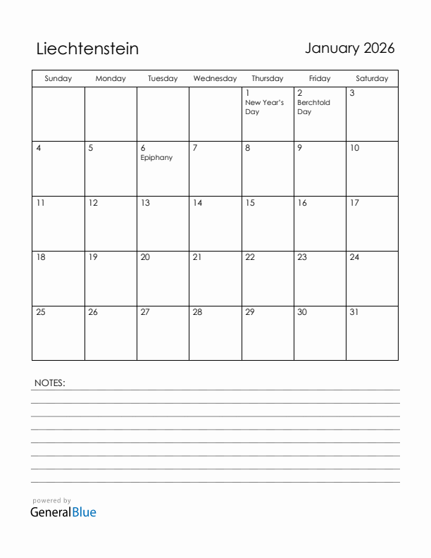 January 2026 Liechtenstein Calendar with Holidays (Sunday Start)