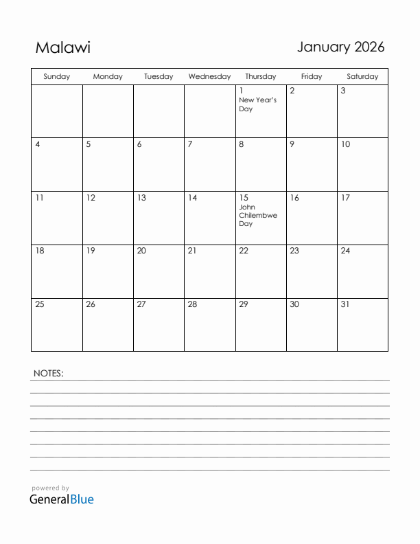 January 2026 Malawi Calendar with Holidays (Sunday Start)