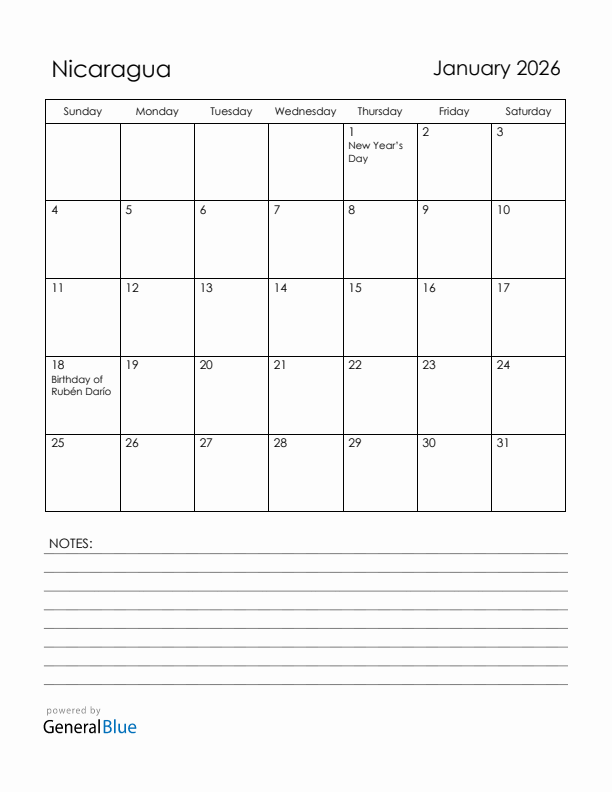 January 2026 Nicaragua Calendar with Holidays (Sunday Start)