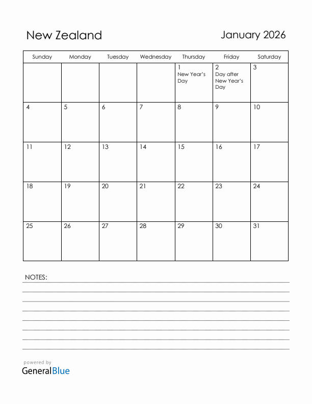 January 2026 New Zealand Calendar with Holidays (Sunday Start)