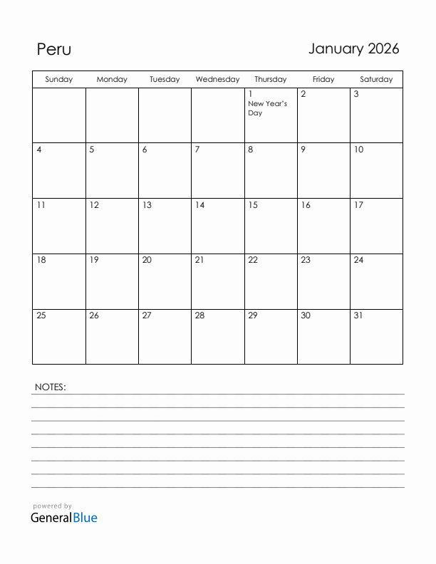 January 2026 Peru Calendar with Holidays (Sunday Start)