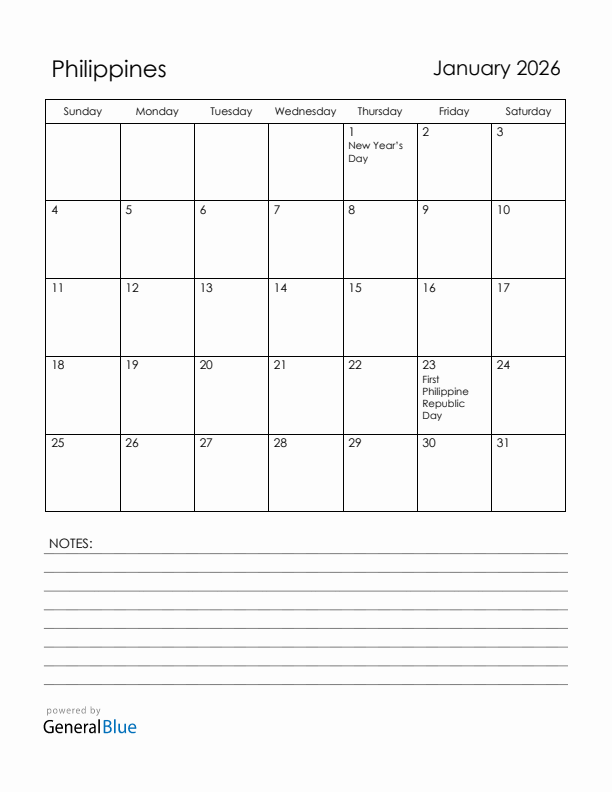 January 2026 Philippines Calendar with Holidays (Sunday Start)