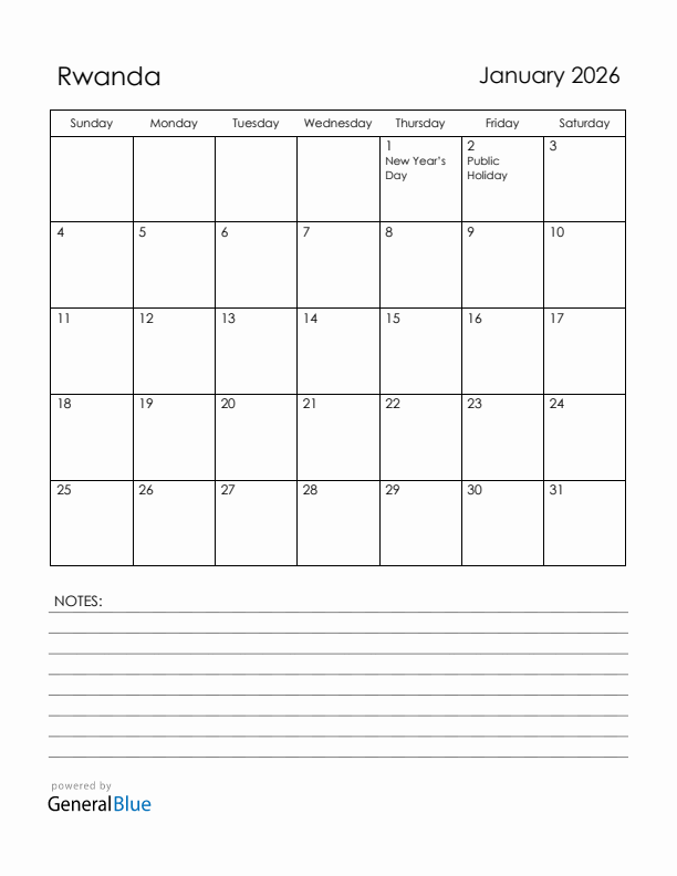 January 2026 Rwanda Calendar with Holidays (Sunday Start)