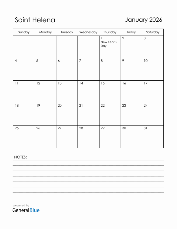 January 2026 Saint Helena Calendar with Holidays (Sunday Start)