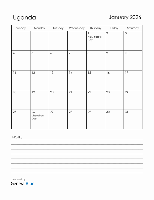 January 2026 Uganda Calendar with Holidays (Sunday Start)